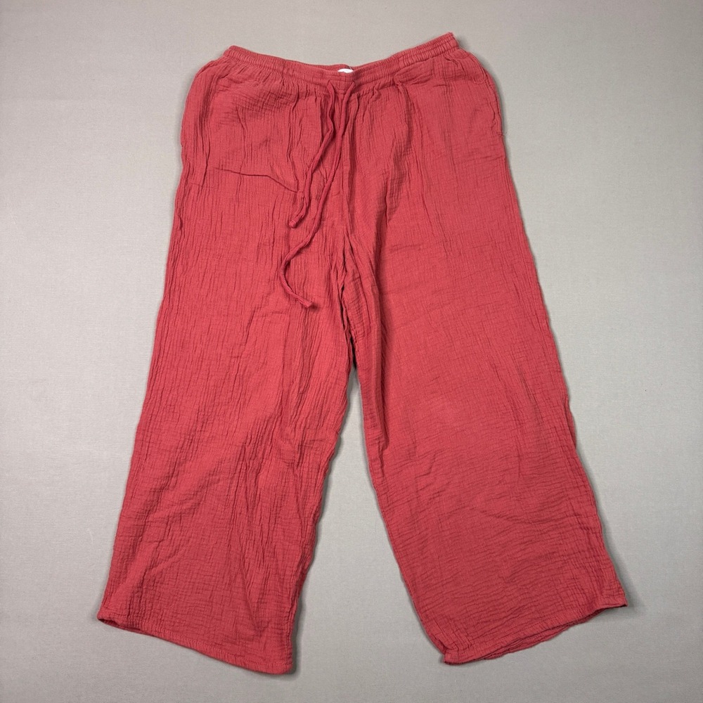 Jessica Simpson Coral Red Crinkle Gauze Wide Leg Drawstring Pants Large